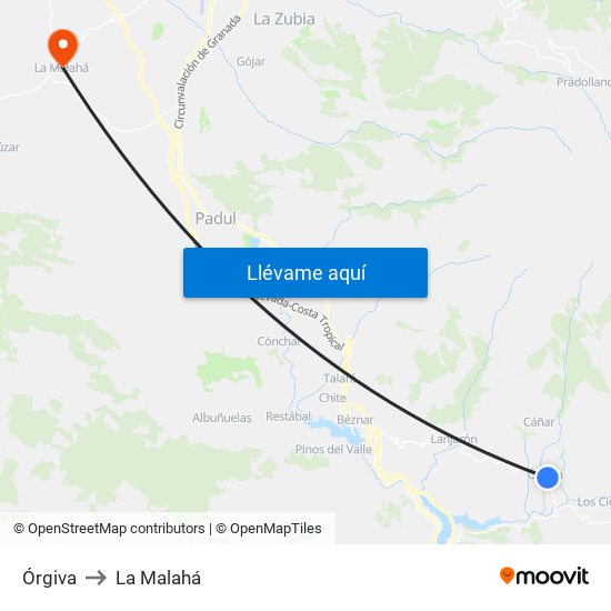 Órgiva to La Malahá map
