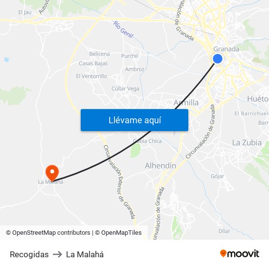 Recogidas to La Malahá map