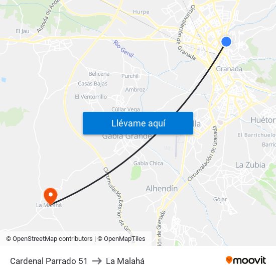 Cardenal Parrado 51 to La Malahá map