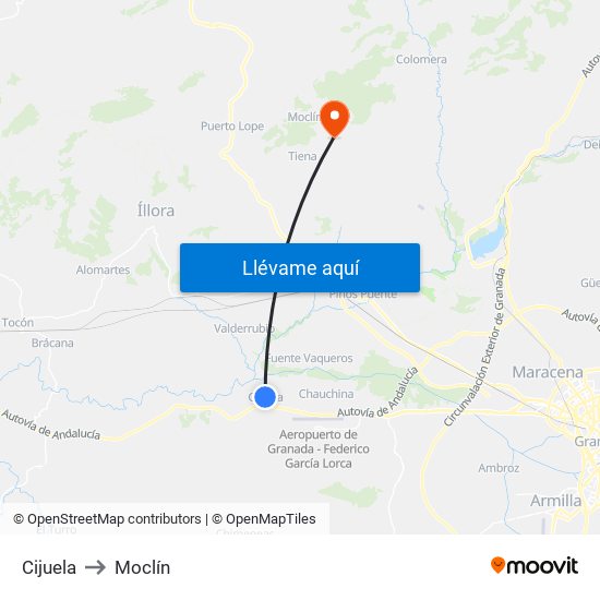 Cijuela to Moclín map