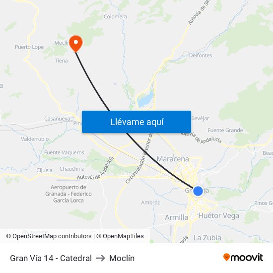 Gran Vía 14 - Catedral to Moclín map