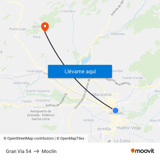 Gran Vía 54 to Moclín map