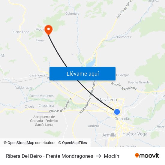 Ribera Del Beiro - Frente Mondragones to Moclín map