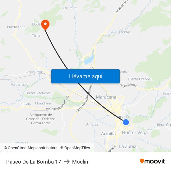 Paseo De La Bomba 17 to Moclín map