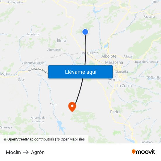 Moclín to Agrón map