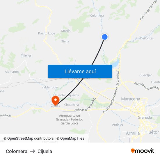 Colomera to Cijuela map