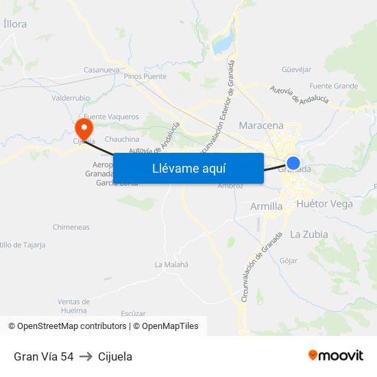 Gran Vía 54 to Cijuela map