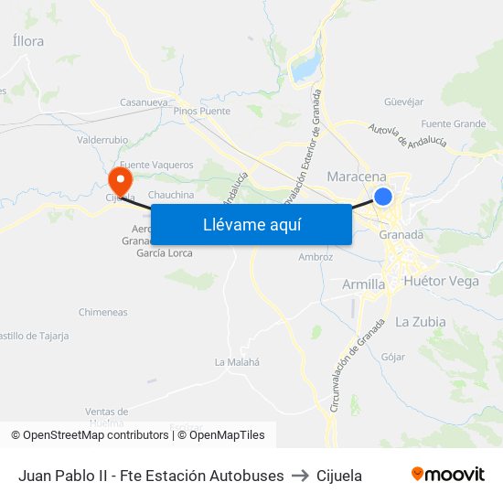 Juan Pablo II - Fte Estación Autobuses to Cijuela map