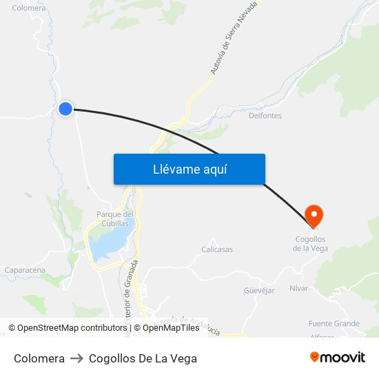 Colomera to Cogollos De La Vega map