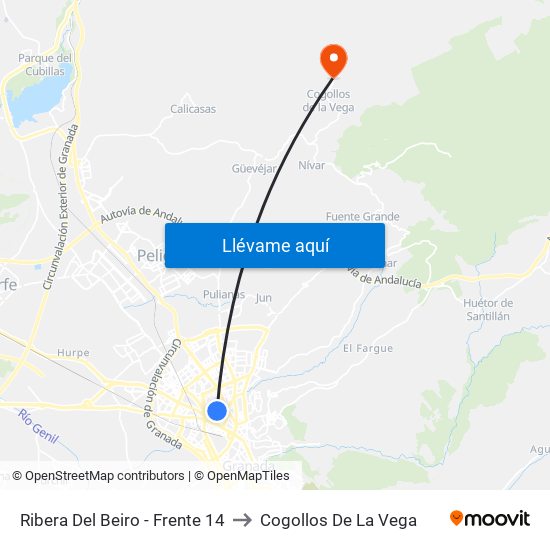 Ribera Del Beiro - Frente 14 to Cogollos De La Vega map