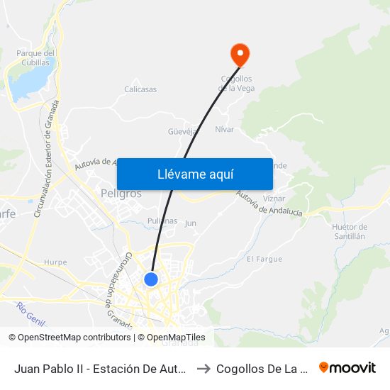 Juan Pablo II - Estación De Autobuses to Cogollos De La Vega map