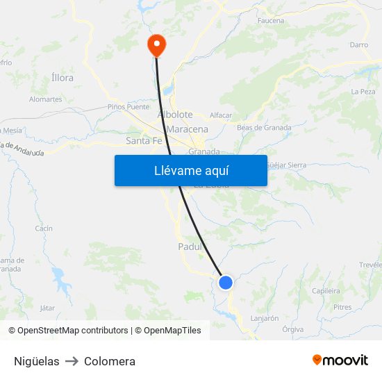 Nigüelas to Colomera map