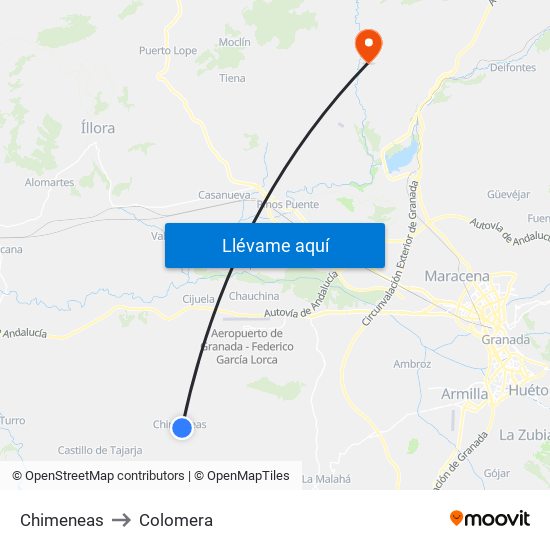 Chimeneas to Colomera map