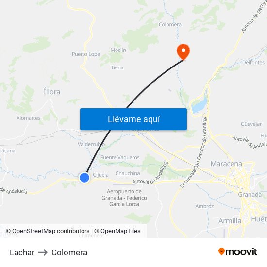 Láchar to Colomera map