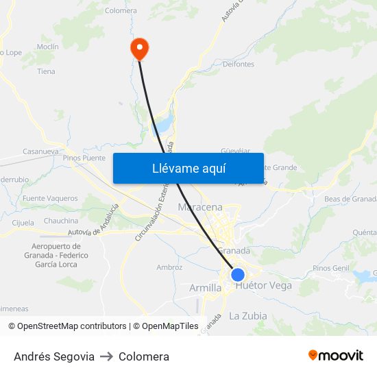 Andrés Segovia to Colomera map
