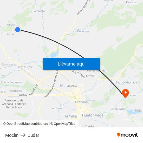 Moclín to Dúdar map