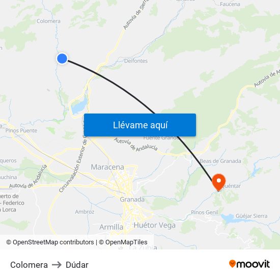 Colomera to Dúdar map