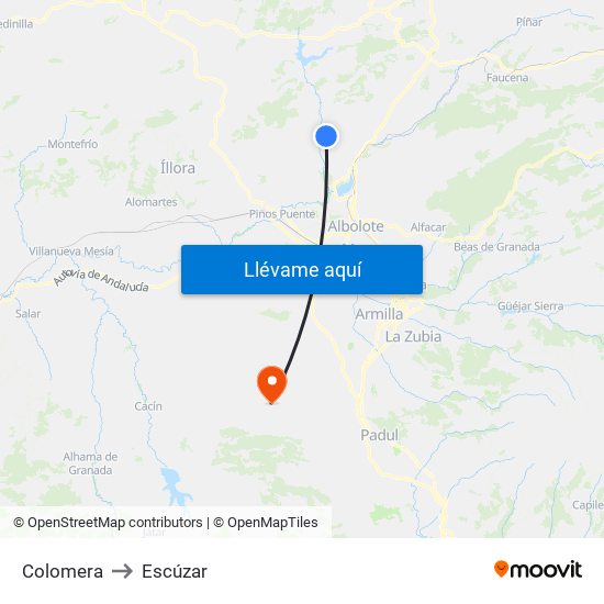 Colomera to Escúzar map