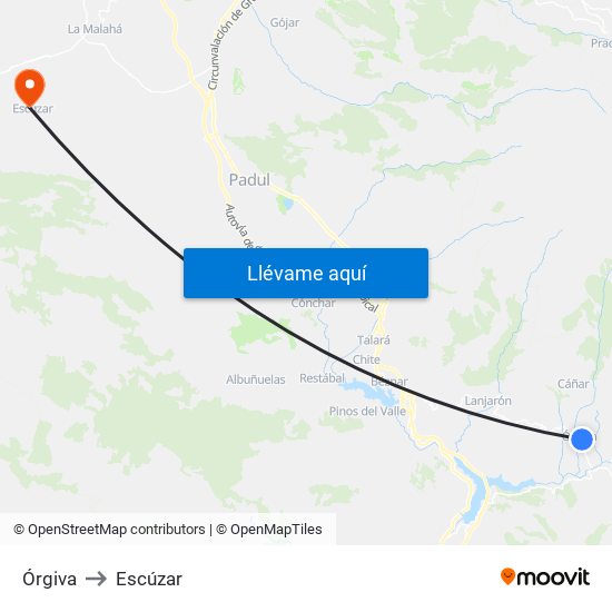 Órgiva to Escúzar map