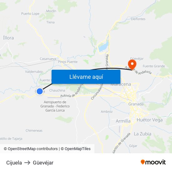 Cijuela to Güevéjar map