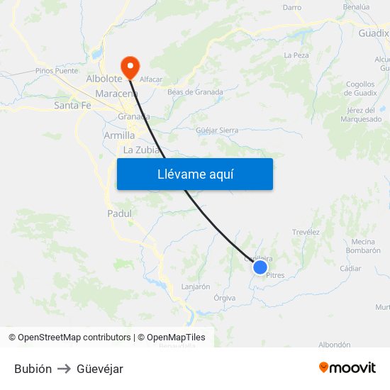 Bubión to Güevéjar map