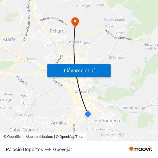 Palacio Deportes to Güevéjar map