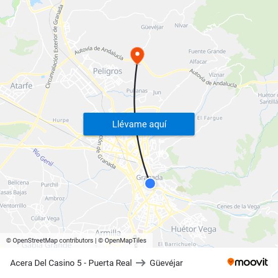 Acera Del Casino 5 - Puerta Real to Güevéjar map