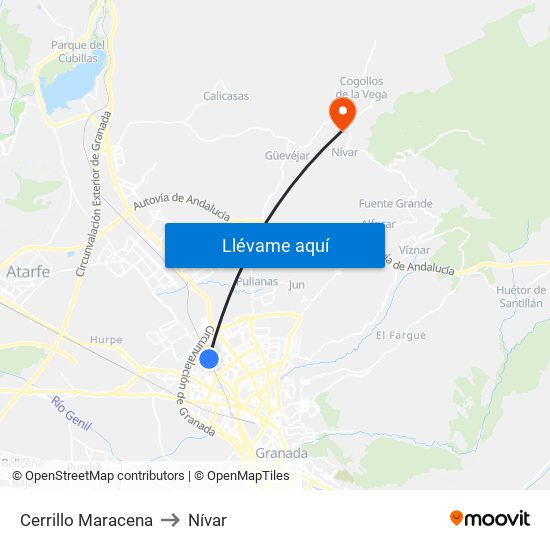 Cerrillo Maracena to Nívar map