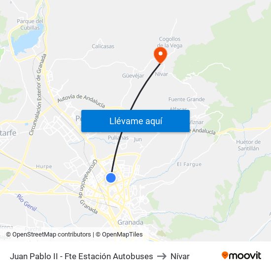 Juan Pablo II - Fte Estación Autobuses to Nívar map