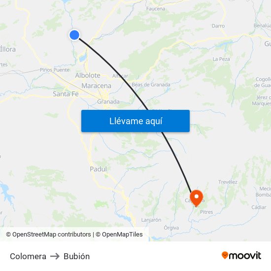 Colomera to Bubión map