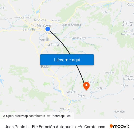 Juan Pablo II - Fte Estación Autobuses to Carataunas map