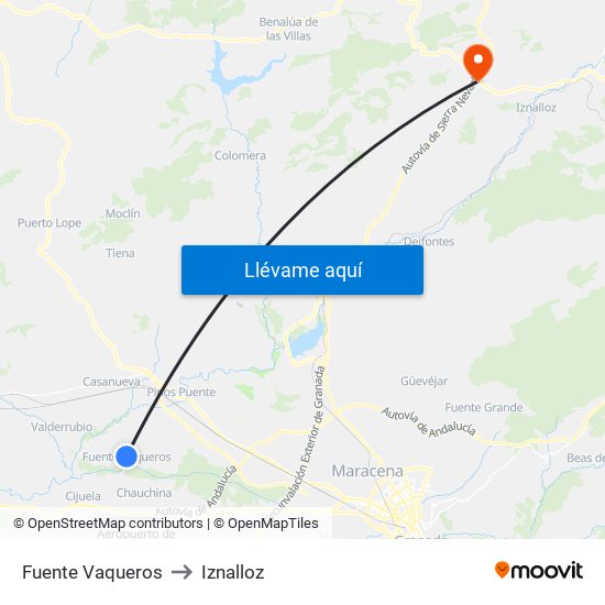 Fuente Vaqueros to Iznalloz map