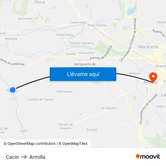 Cacín to Armilla map