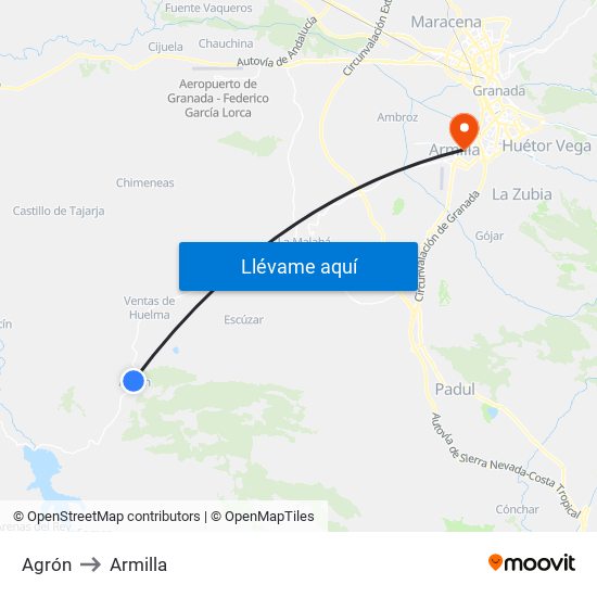 Agrón to Armilla map