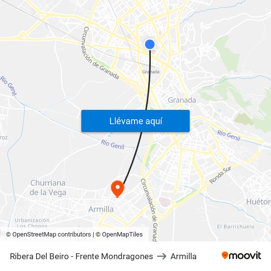 Ribera Del Beiro - Frente Mondragones to Armilla map