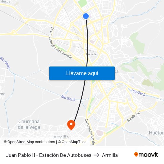 Juan Pablo II - Estación De Autobuses to Armilla map