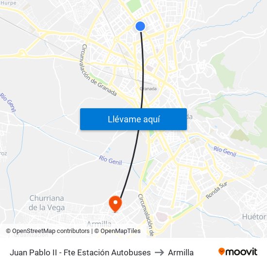 Juan Pablo II - Fte Estación Autobuses to Armilla map