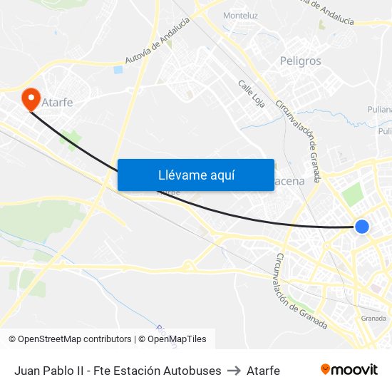 Juan Pablo II - Fte Estación Autobuses to Atarfe map