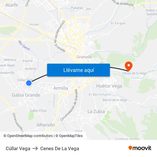 Cúllar Vega to Cenes De La Vega map