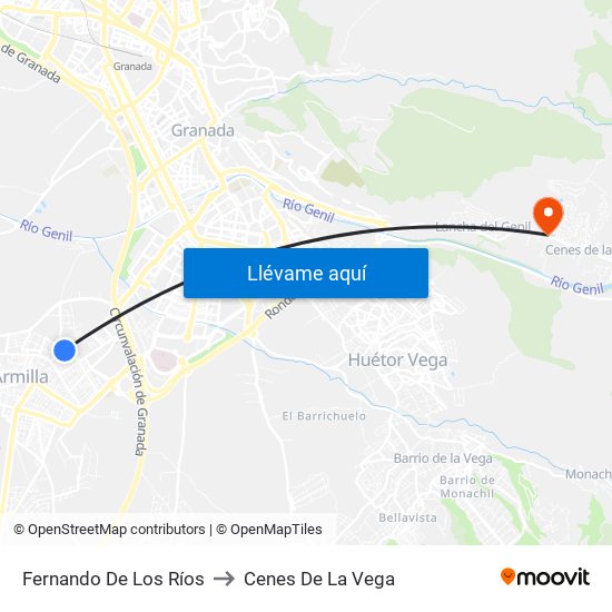 Fernando De Los Ríos to Cenes De La Vega map
