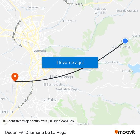Dúdar to Churriana De La Vega map