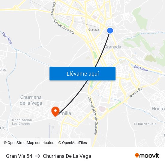 Gran Vía 54 to Churriana De La Vega map