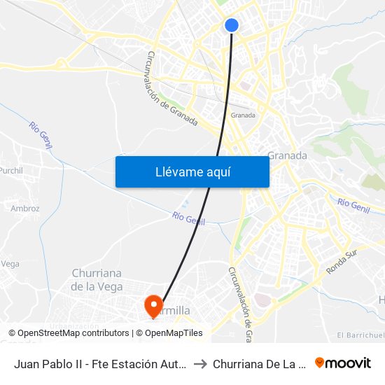 Juan Pablo II - Fte Estación Autobuses to Churriana De La Vega map