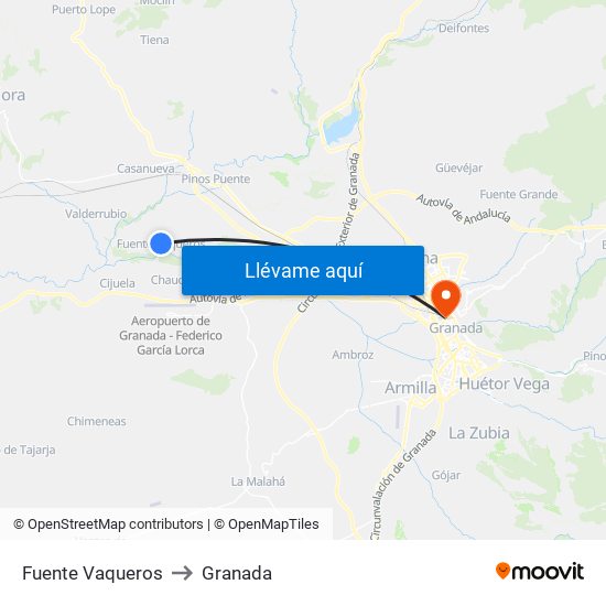 Fuente Vaqueros to Granada map