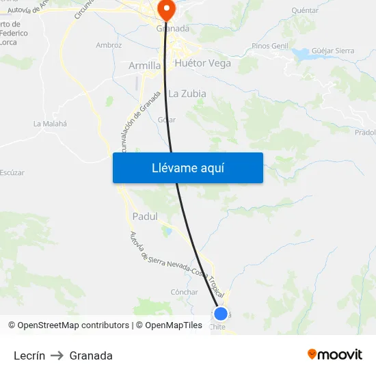 Lecrín to Granada map