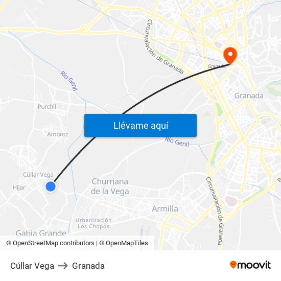 Cúllar Vega to Granada map