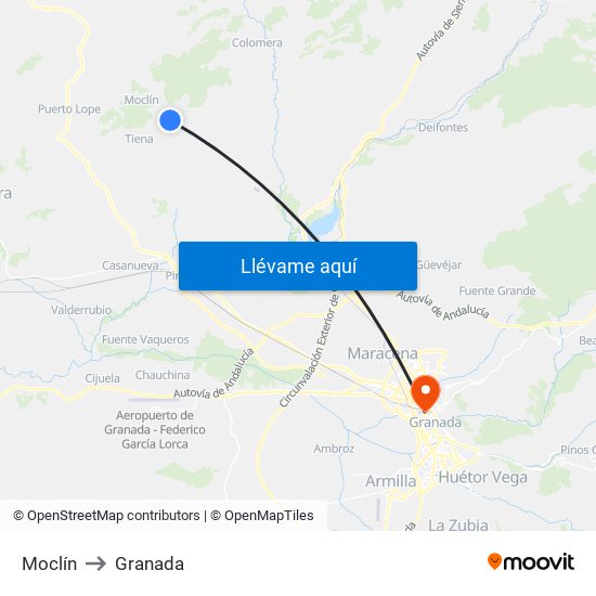 Moclín to Granada map