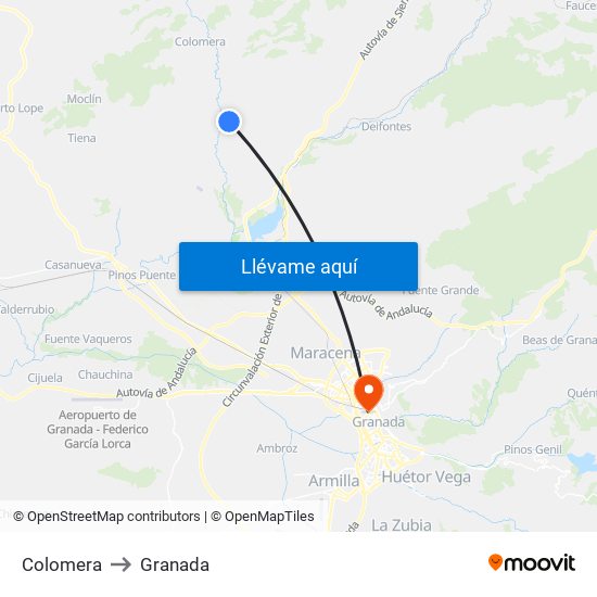 Colomera to Granada map