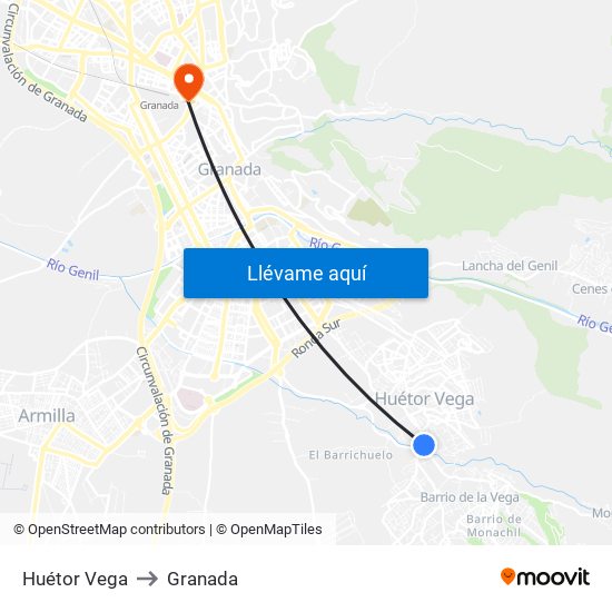 Huétor Vega to Granada map