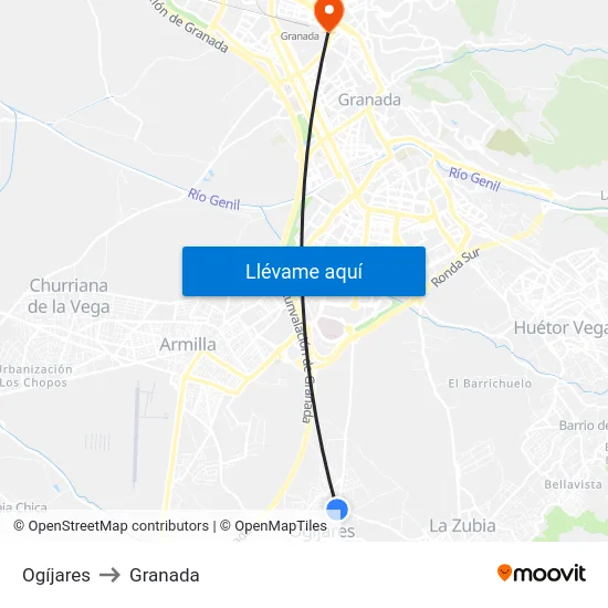 Ogíjares to Granada map